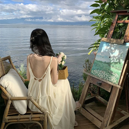 Spaghetti Strap Scoop Neck Plain Open Back Maxi A-Line Dress