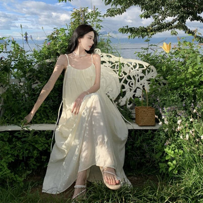 Spaghetti Strap Scoop Neck Plain Open Back Maxi A-Line Dress