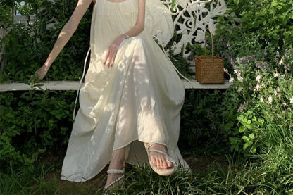 Spaghetti Strap Scoop Neck Plain Open Back Maxi A-Line Dress