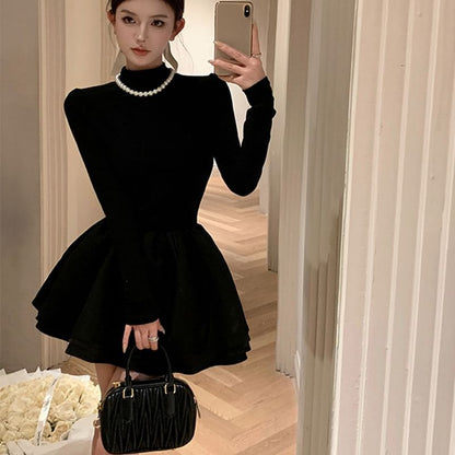 Long-Sleeve Mock Neck Plain Layered Mini A-Line Knit Dress