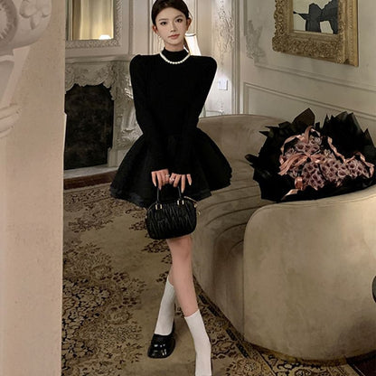 Long-Sleeve Mock Neck Plain Layered Mini A-Line Knit Dress