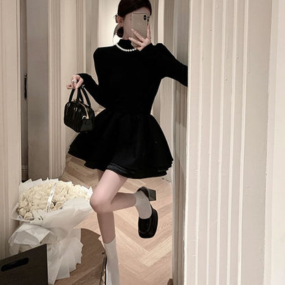 Long-Sleeve Mock Neck Plain Layered Mini A-Line Knit Dress