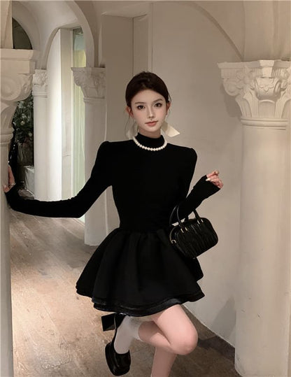 Long-Sleeve Mock Neck Plain Layered Mini A-Line Knit Dress
