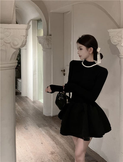 Long-Sleeve Mock Neck Plain Layered Mini A-Line Knit Dress