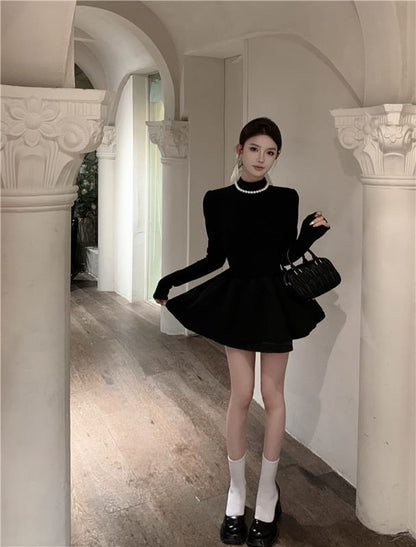 Long-Sleeve Mock Neck Plain Layered Mini A-Line Knit Dress