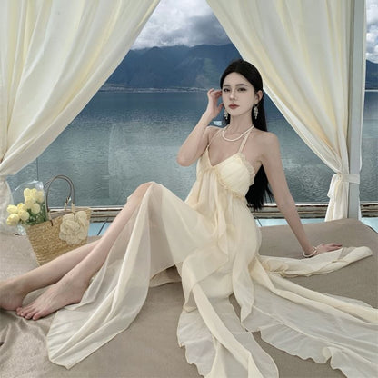 Halter Neck Plain Asymmetrical Frill Trim Ruffle Open Back Maxi A-Line Dress