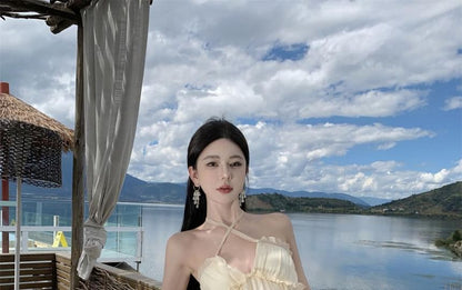 Halter Neck Plain Asymmetrical Frill Trim Ruffle Open Back Maxi A-Line Dress