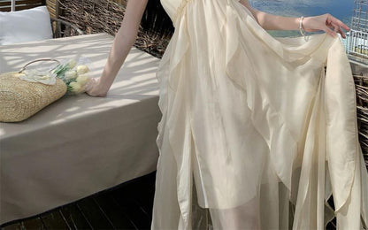 Halter Neck Plain Asymmetrical Frill Trim Ruffle Open Back Maxi A-Line Dress