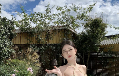 Halter Neck Plain Asymmetrical Frill Trim Ruffle Open Back Maxi A-Line Dress