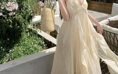 Halter Neck Plain Asymmetrical Frill Trim Ruffle Open Back Maxi A-Line Dress