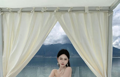 Halter Neck Plain Asymmetrical Frill Trim Ruffle Open Back Maxi A-Line Dress