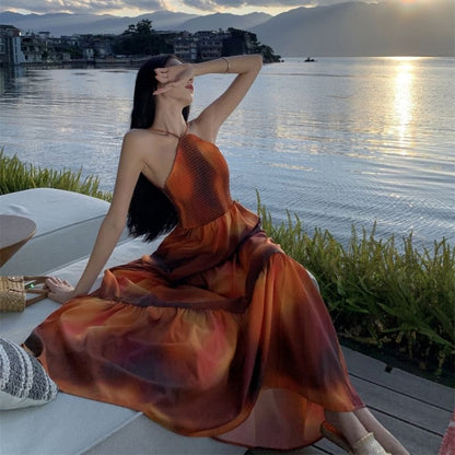 Halter Neck Tie Dye Smocked Open Back Maxi A-Line Dress