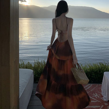 Halter Neck Tie Dye Smocked Open Back Maxi A-Line Dress