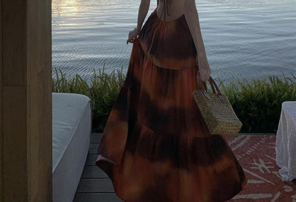 Halter Neck Tie Dye Smocked Open Back Maxi A-Line Dress