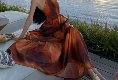 Halter Neck Tie Dye Smocked Open Back Maxi A-Line Dress