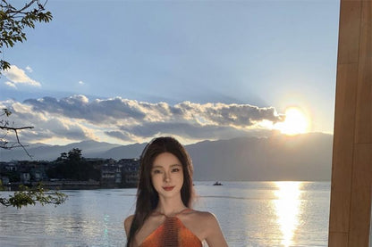 Halter Neck Tie Dye Smocked Open Back Maxi A-Line Dress