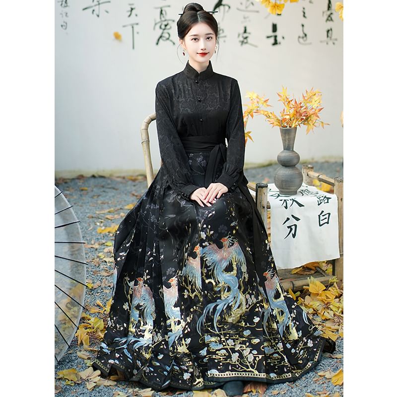 Traditional Chinese Long-Sleeve Stand Collar Plain Floral Jacquard Button-Up Top / High Rise Print Pleated Maxi A-Line Skirt