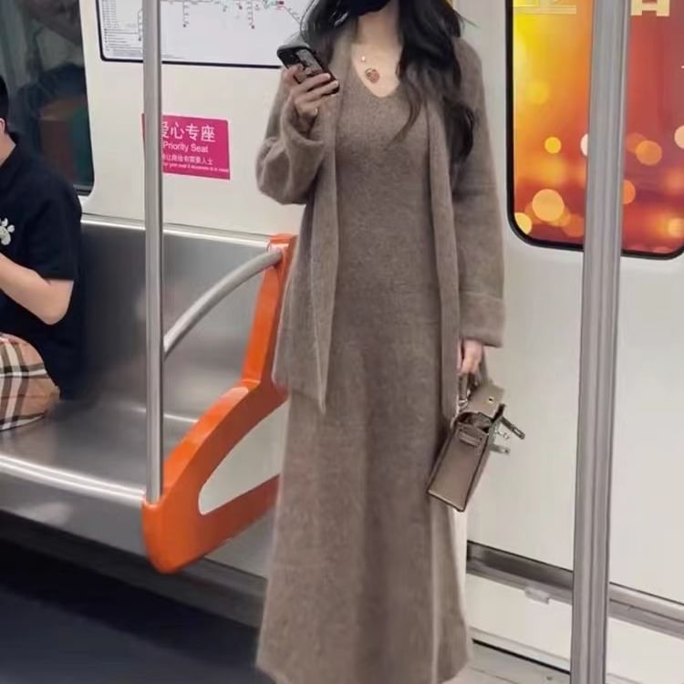 Long Cardigan with Sleeveless Knit Smock Maxi