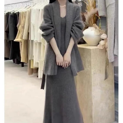 Long Cardigan with Sleeveless Knit Smock Maxi