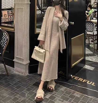 Long Cardigan with Sleeveless Knit Smock Maxi