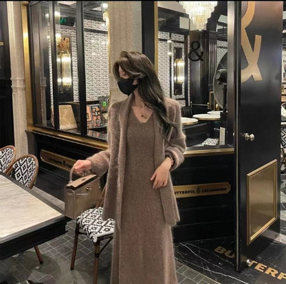 Long Cardigan with Sleeveless Knit Smock Maxi