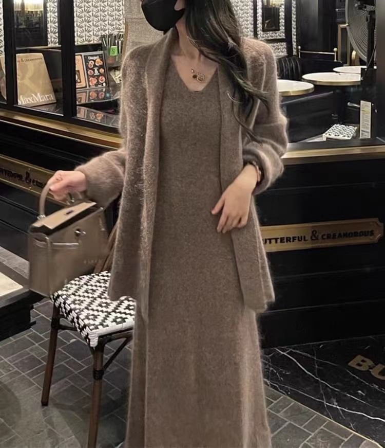 Long Cardigan with Sleeveless Knit Smock Maxi