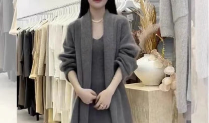 Long Cardigan with Sleeveless Knit Smock Maxi