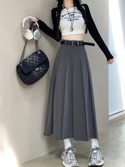 High-Rise Belted A-Line Pleated Skirt Ensemble