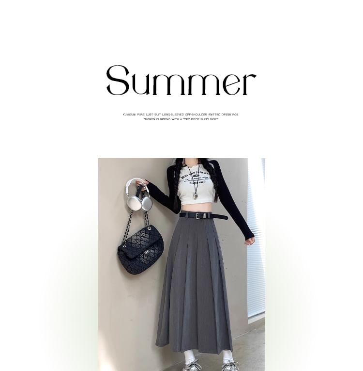 High-Rise Belted A-Line Pleated Skirt Ensemble