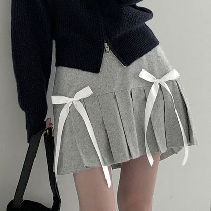 Mini Ribbon-Trimmed Low-Rise Pleated Skirt