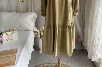 Long-Sleeve Collar Plain Corduroy Midi A-Line Dress