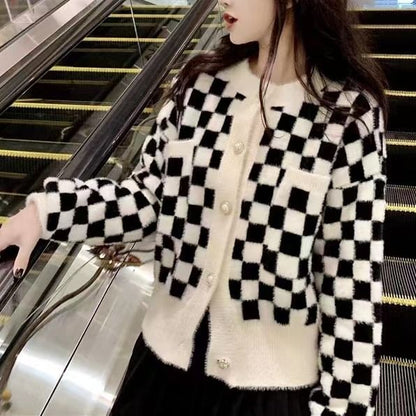 Crew Neck Checkerboard Cardigan