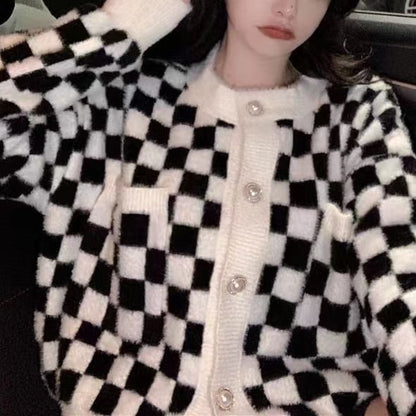 Crew Neck Checkerboard Cardigan