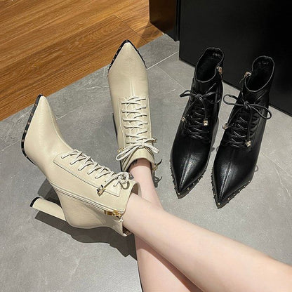 Ankle High Boots Heel Lace-Up Pointed