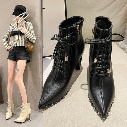 Ankle High Boots Heel Lace-Up Pointed