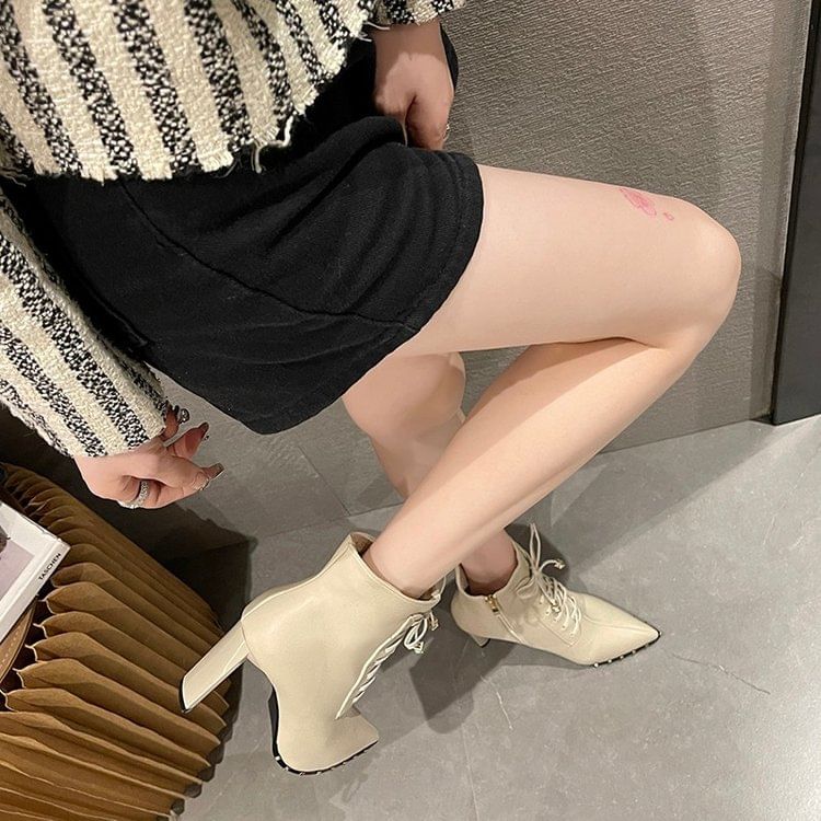 Ankle High Boots Heel Lace-Up Pointed
