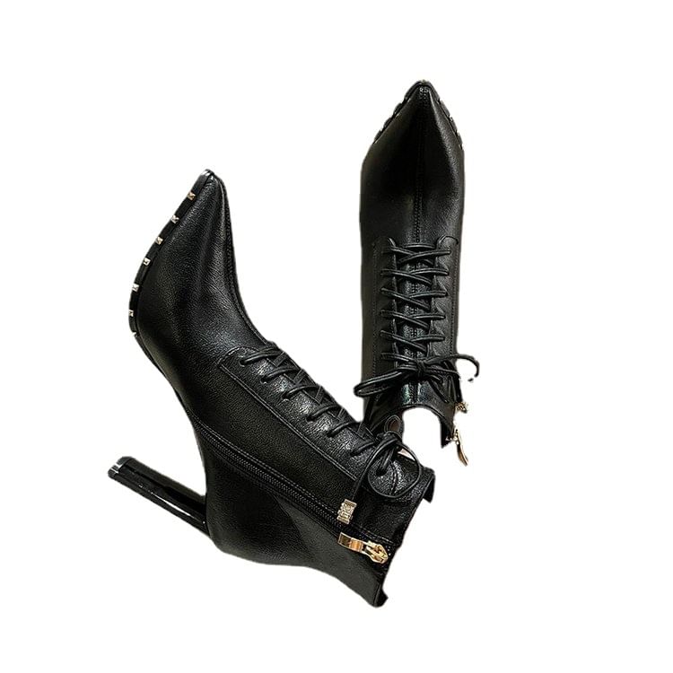 Ankle High Boots Heel Lace-Up Pointed