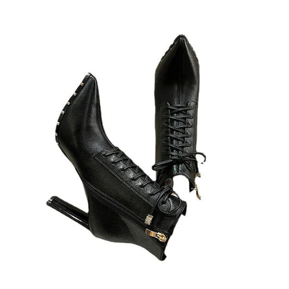Ankle High Boots Heel Lace-Up Pointed