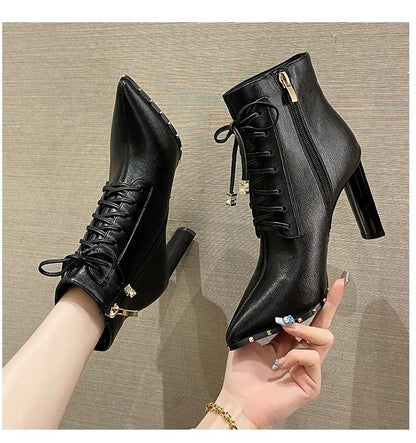 Ankle High Boots Heel Lace-Up Pointed