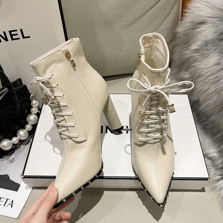 Ankle High Boots Heel Lace-Up Pointed