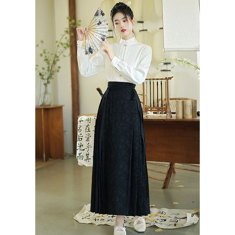 Band Collar Hanfu Top / Mid Rise Midi A-Line Skirt