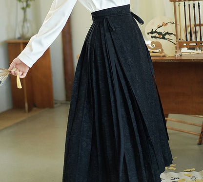 Band Collar Hanfu Top / Mid Rise Midi A-Line Skirt