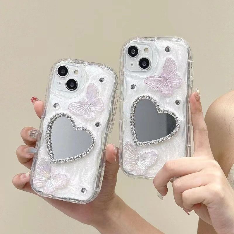 Butterfly Heart Mirrored Phone Case - iPhone 15 Pro Max / 15 Pro / 15 Plus / 15 / 14 Pro Max / 14 Pro / 14 Plus / 14 / 13 Pro Max / 13 Pro / 13 / 13 mini / 12 Pro Max / 12 Pro / 12 / 12 mini / 11 Pro Max / 11 Pro / 11 / SE / XS Max / XS / XR / X