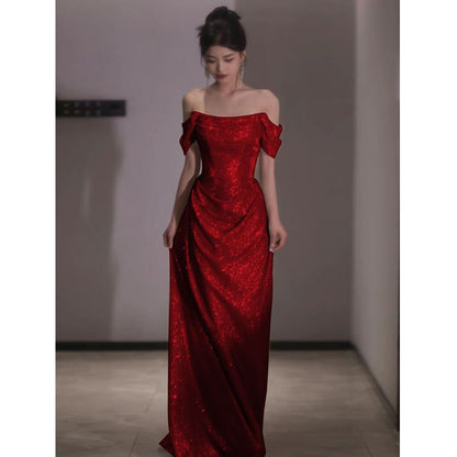 Plain A-Line Glitter Off-Shoulder Evening Gown