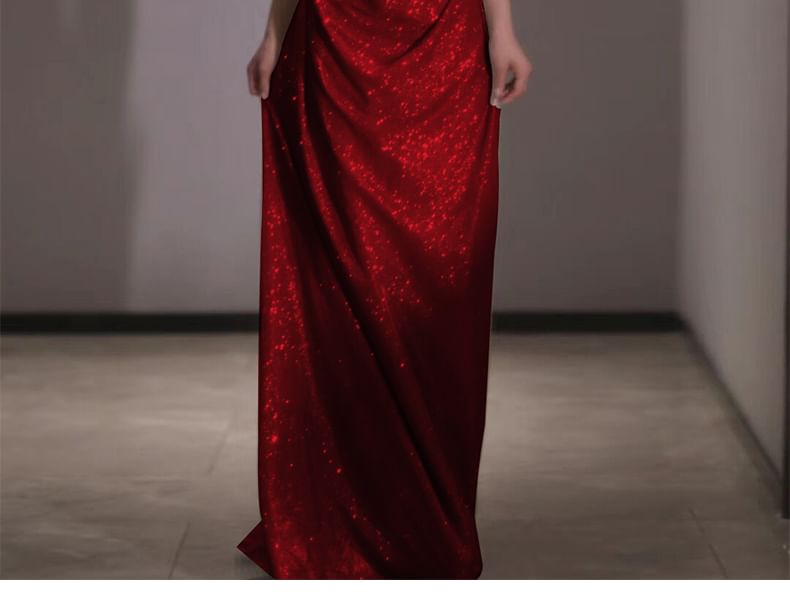 Off-Shoulder Plain Glitter A-Line Evening Gown