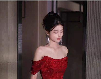 Off-Shoulder Plain Glitter A-Line Evening Gown