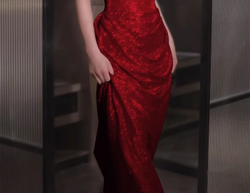 Off-Shoulder Plain Glitter A-Line Evening Gown