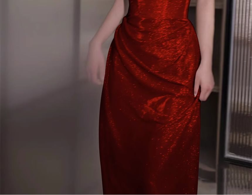 Plain A-Line Glitter Off-Shoulder Evening Gown