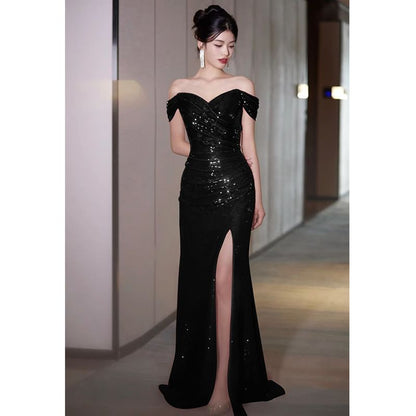 Off-Shoulder Plain Sequin Ruched Trained Slit Mermaid Evening Gown