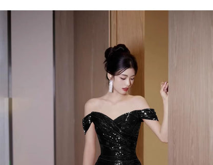 Slit Plain Off-Shoulder Ruched Gown Mermaid Evening Trained Sequin